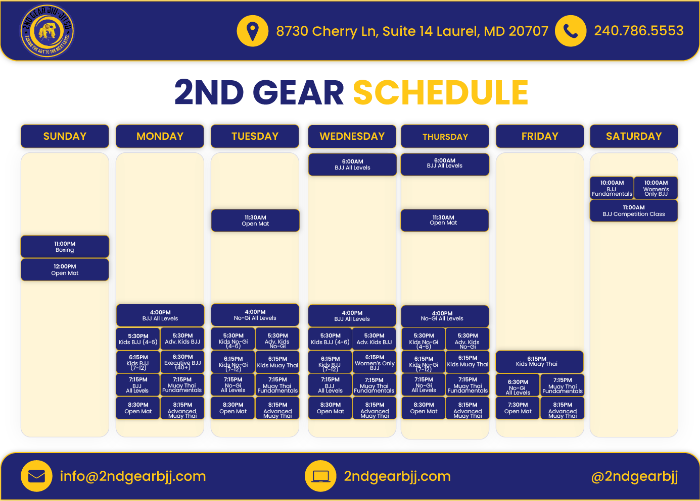 2nd Gear Class Schedule