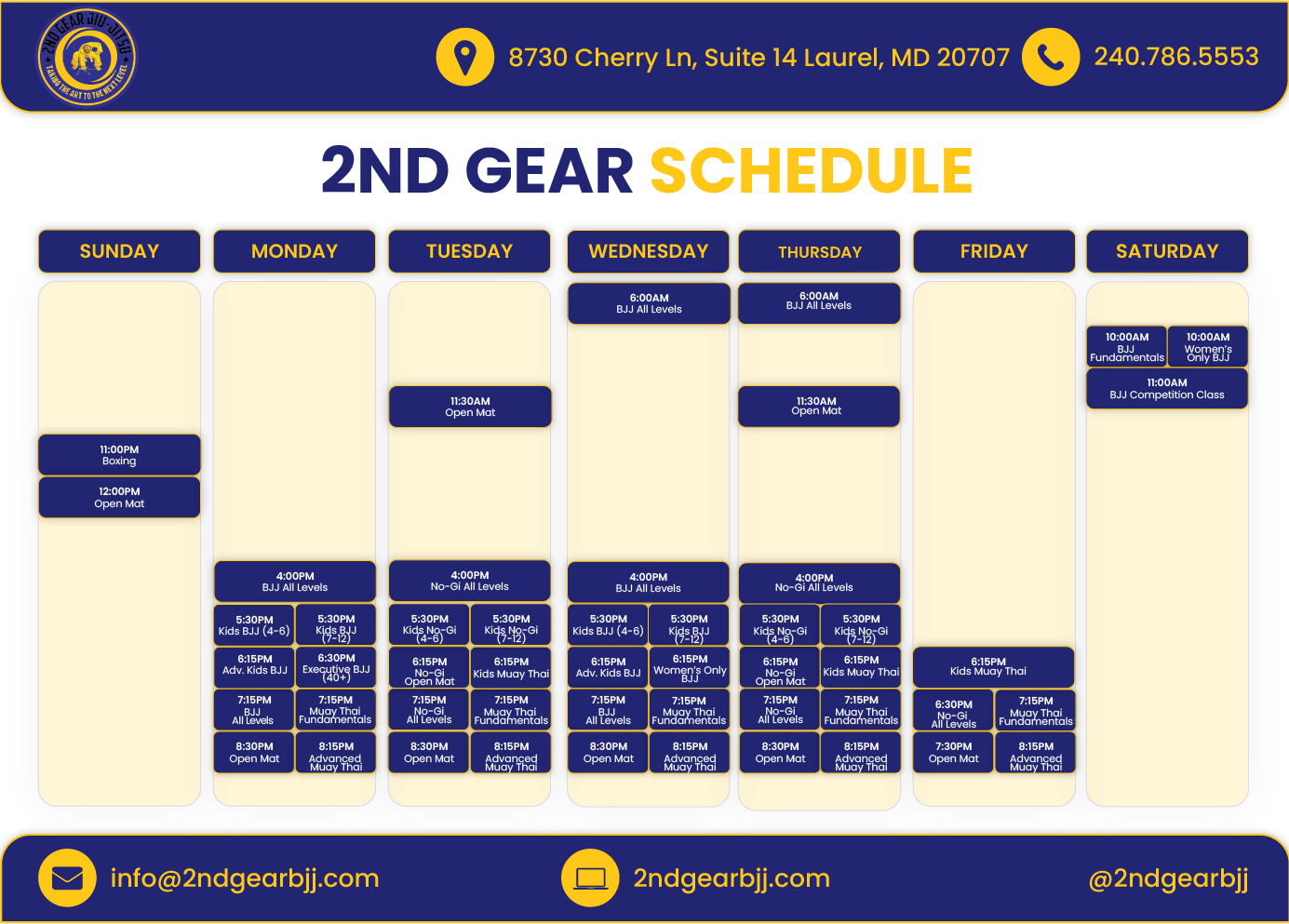 2nd Gear Class Schedule